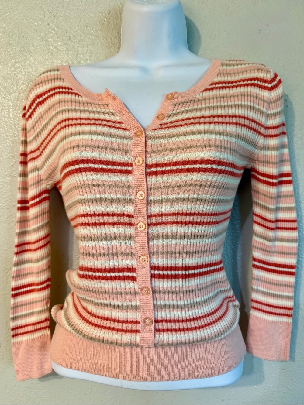 Vintage 90s Y2K Calvin Klein Jeans Pink Striped Ribbed Cardigan Henley Sweater S